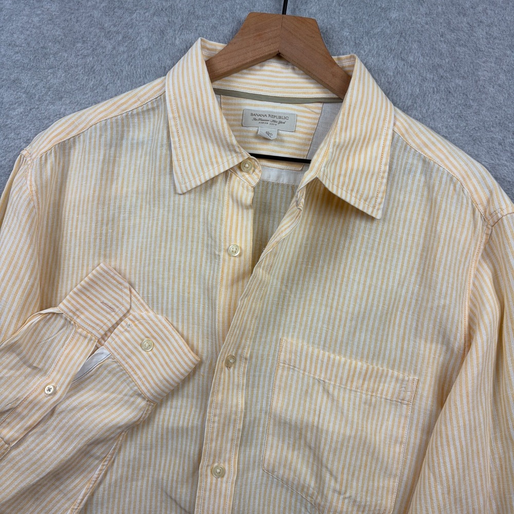 Banana Republic Shirt Mens XL Yellow University Stripe 100% Linen Button Up Y2K